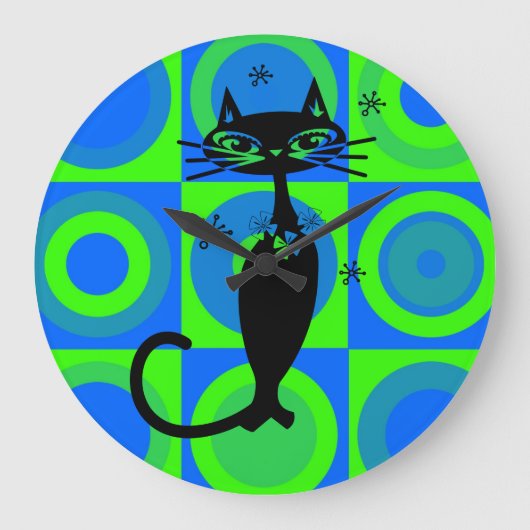 RETRO ATOMIC BLACK CAT CLOCK GROTE KLOK (Voorkant)