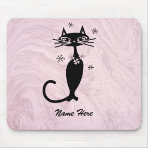 Retro Atomic Black Cat Personalized Pink Muismat