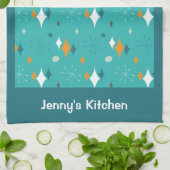 Retro  Atomic Blauwgroen Starburst Patroon Naam Theedoek (Gevouwen)