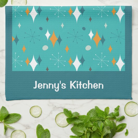 Retro  Atomic Blauwgroen Starburst Patroon Naam Theedoek (Gevouwen)