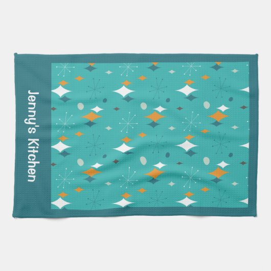 Retro  Atomic Blauwgroen Starburst Patroon Naam Theedoek (Horizontaal)