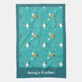 Retro  Atomic Blauwgroen Starburst Patroon Naam Theedoek (Verticaal)