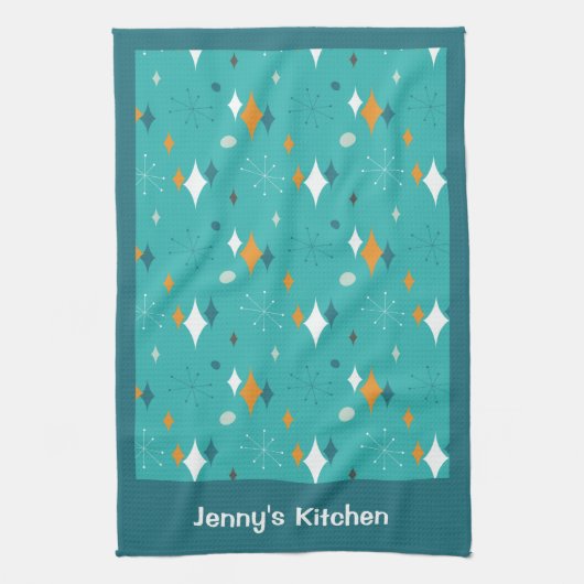 Retro  Atomic Blauwgroen Starburst Patroon Naam Theedoek (Verticaal)