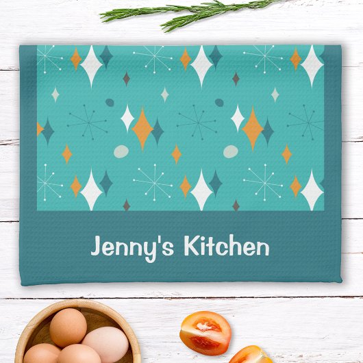 Retro  Atomic Blauwgroen Starburst Patroon Naam Theedoek