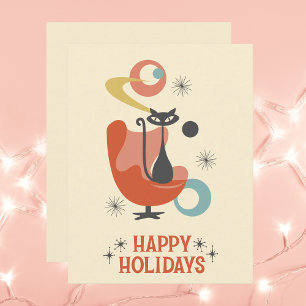 Retro Atomic Cat Prettige feestdagen Notitiekaartje