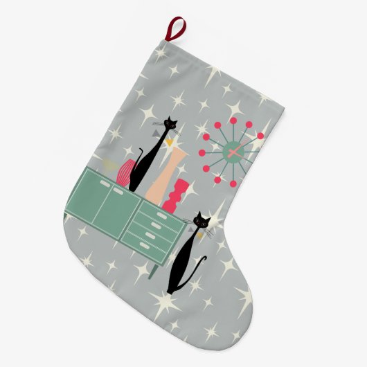 Retro Atomic Era Cats & Clock Kerststop Grote Kerstsok (Voorkant (Hangend))