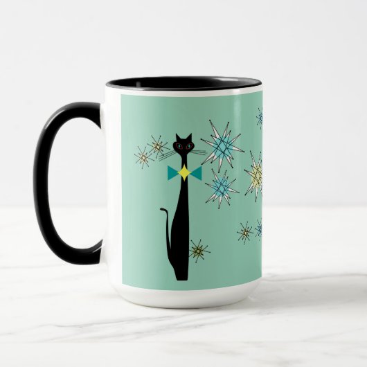 Retro Atomic Era Cool Cat & Stars Midden eeuw Mok (Links)