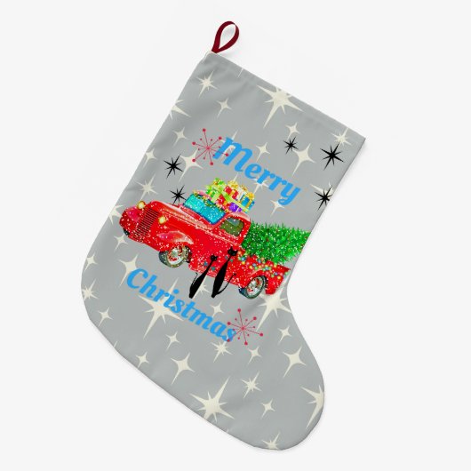Retro Atomic Era Cool Cats & Red Pickup Truck Grote Kerstsok (Voorkant (Hangend))