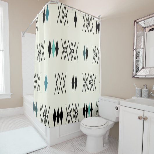 Retro Atomic Era Diamonds Pattern Turquoise Douchegordijn (In situ)