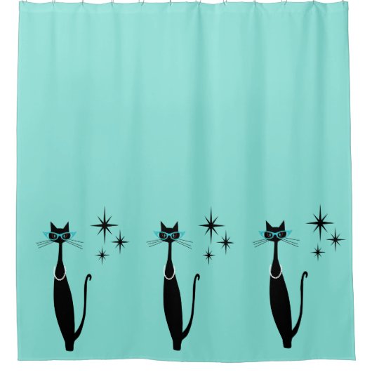 Retro Atomic Era Mid Century Modern MCM Black Cat Douchegordijn (Voorkant)