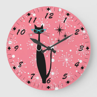 Retro Atomic Era Mid Century Modern MCM Black Cat Grote Klok
