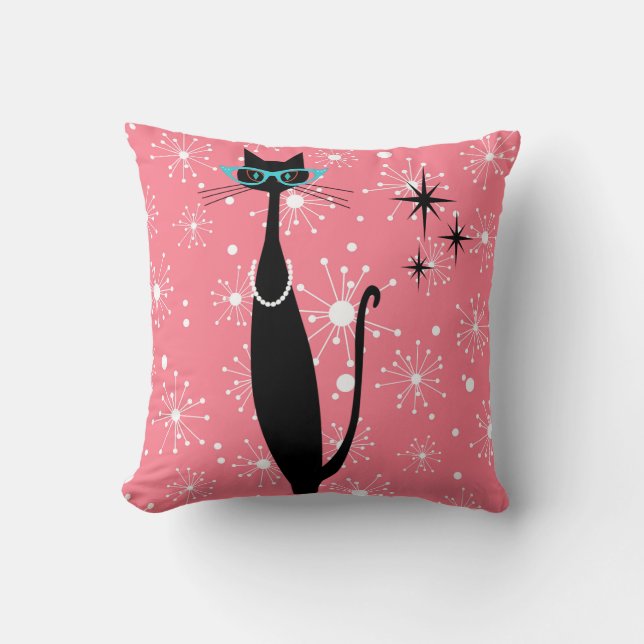 Retro Atomic Era Mid Century Modern MCM Black Cat Kussen (Voorkant)