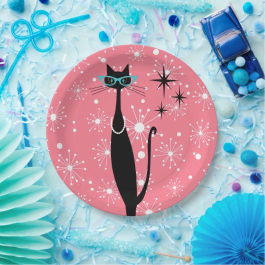 Retro Atomic Era Mid Century Modern MCM Black Cat Papieren Bordje (Feest)