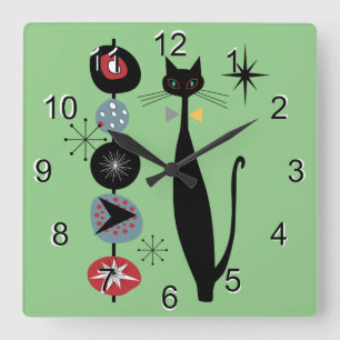 Retro Atomic Era Mid Century Modern MCM Cool Cat 3 Vierkante Klok