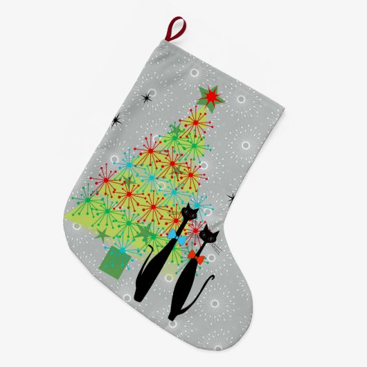 Retro Atomic Era midden-eeuwse moderne kerstkatten Grote Kerstsok (Voorkant (Hangend))