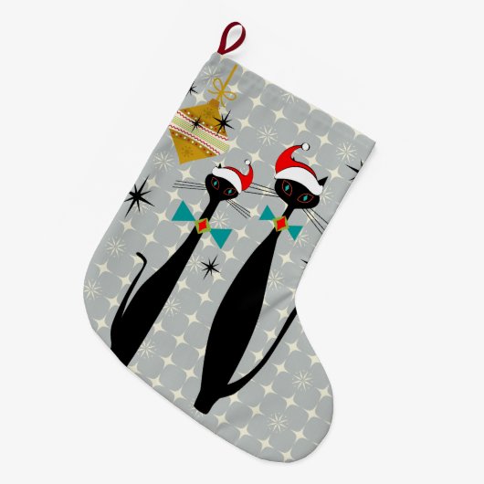 Retro Atomic Era midden-eeuwse moderne kerstkatten Grote Kerstsok (Voorkant (Hangend))