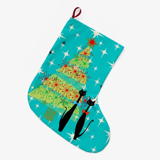 Retro Atomic Era midden-eeuwse moderne kerstkatten Grote Kerstsok (Voorkant (Hangend))