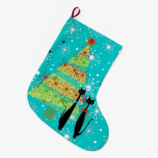 Retro Atomic Era midden-eeuwse moderne kerstkatten Grote Kerstsok (Voorkant (Hangend))