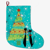 Retro Atomic Era midden-eeuwse moderne kerstkatten Grote Kerstsok (Voorkant)