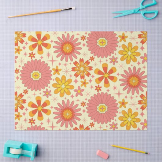 Retro atomic flowers with starbursts on cream  tissuepapier (Craft)