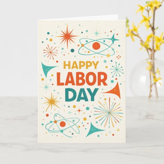 Retro Atomic Happy Labor Day Kaart (Gele Bloem)
