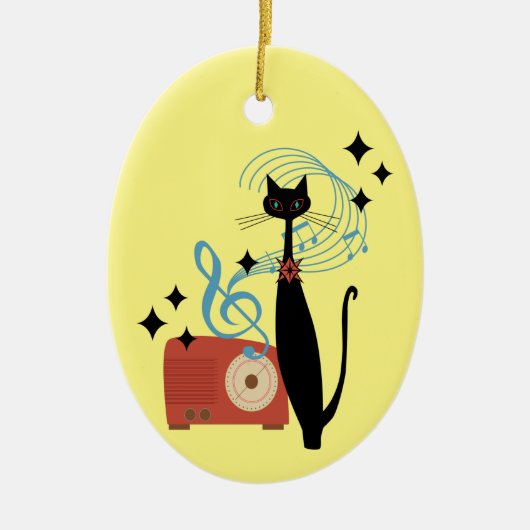 Retro Atomic MCM Koele Kat & Radio Muziek Keramisch Ornament (Voorkant)