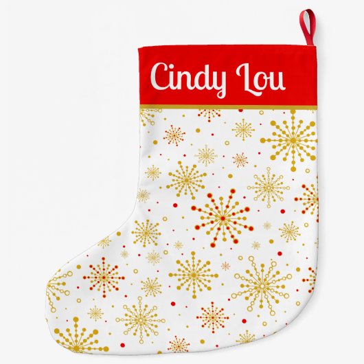 Retro Atomic Mid-Century Mod Rood Goud Gepersonali Grote Kerstsok (Achterkant)