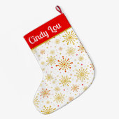 Retro Atomic Mid-Century Mod Rood Goud Gepersonali Grote Kerstsok (Achterkant (Hangend))