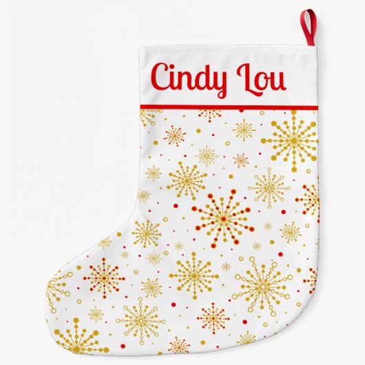 Retro Atomic Mid-Century Mod Rood Goud Gepersonali Grote Kerstsok (Achterkant)