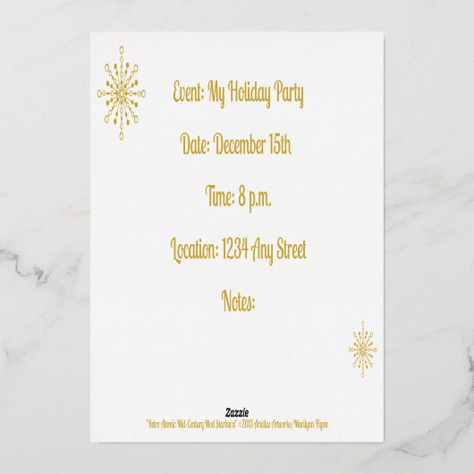 Retro Atomic Mid-Century Mod Starburst Gold Folie Uitnodiging (Achterkant)