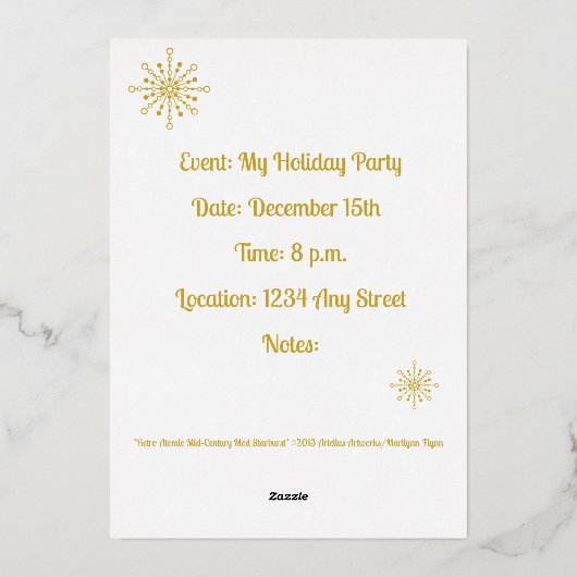 Retro Atomic Mid-Century Mod Starburst Gold Folie Uitnodiging (Achterkant)