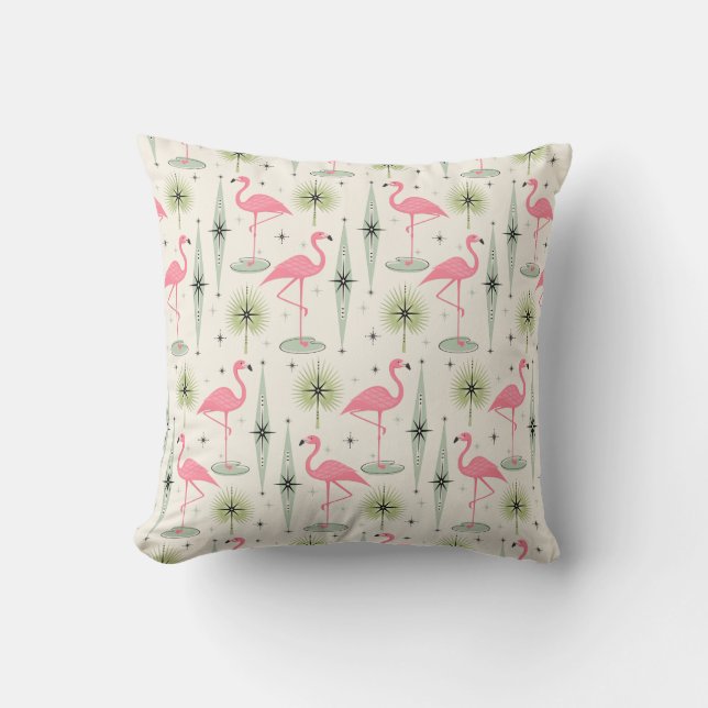 Retro Atomic Oasis met roze flamingos Kussen (Voorkant)