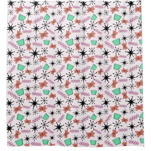 Retro Atomic Shapes Roze Sinaasappel Groen Douchegordijn (Voorkant)