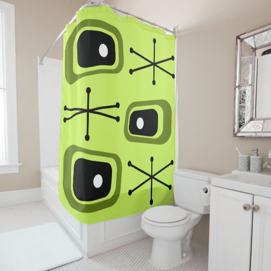 Retro Atomic Space Age Chartreuse Douchegordijn (In situ)