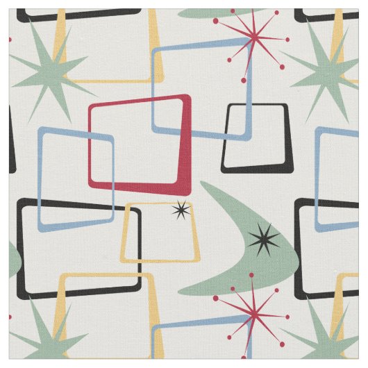 Retro Atomic Squares Sterren & Boomerang Mid Centu Stof (Close Up)