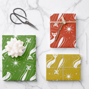 Retro Atomic Star Cat MidCentury 1970s Kerstmis Inpakpapier Vel