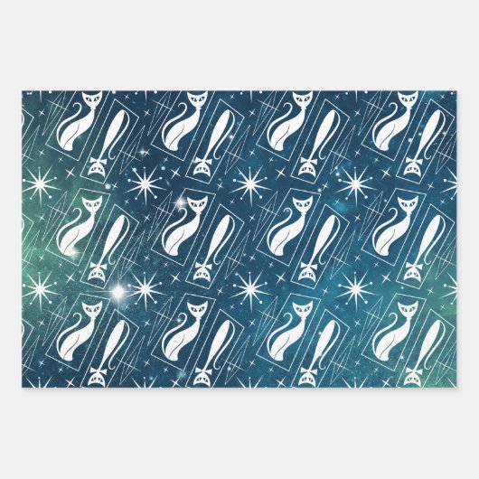 Retro Atomic Star Space Cat MidCentury Kerstmis Inpakpapier Vel (Voorkant 3)