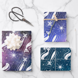 Retro Atomic Star Space Cat MidCentury Kerstmis Inpakpapier Vel