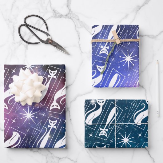 Retro Atomic Star Space Cat MidCentury Kerstmis Inpakpapier Vel (Voorkant)