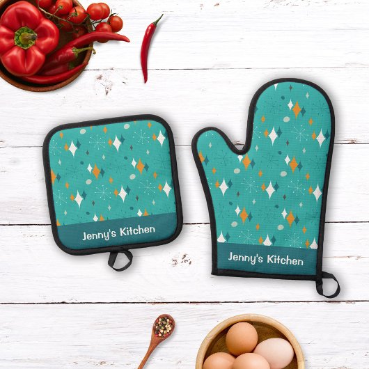 Retro  Atomic Starburst Blauwgroen Patroon Naam Ovenwant & Pannenlap Set
