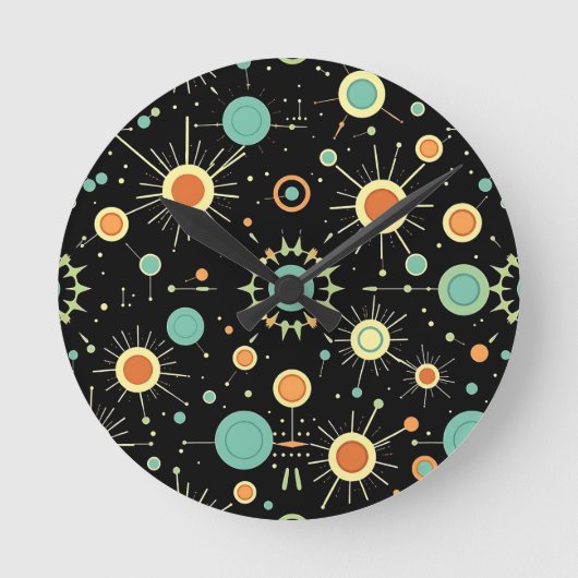 Retro Atomic Starburst Midcentury Pattern Ronde Klok (Voorkant)