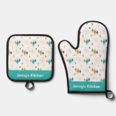 Retro Atomic Starburst Patroon Aangepaste naam Ovenwant & Pannenlap Set (Voorkant)