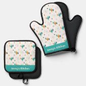 Retro Atomic Starburst Patroon Aangepaste naam Ovenwant & Pannenlap Set (Voorkant / Achterkant)