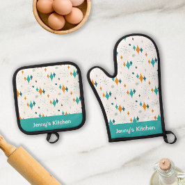 Retro  Atomic Starburst Patroon Aangepaste naam Ovenwant & Pannenlap Set