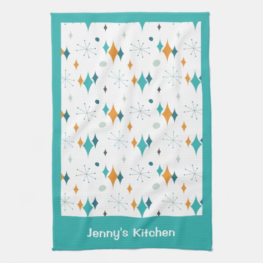 Retro  Atomic Starburst Patroon Aangepaste naam Theedoek (Verticaal)