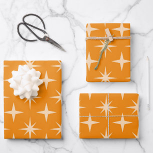 Retro Atomic Stars Patroon op Oranje Inpakpapier Vel