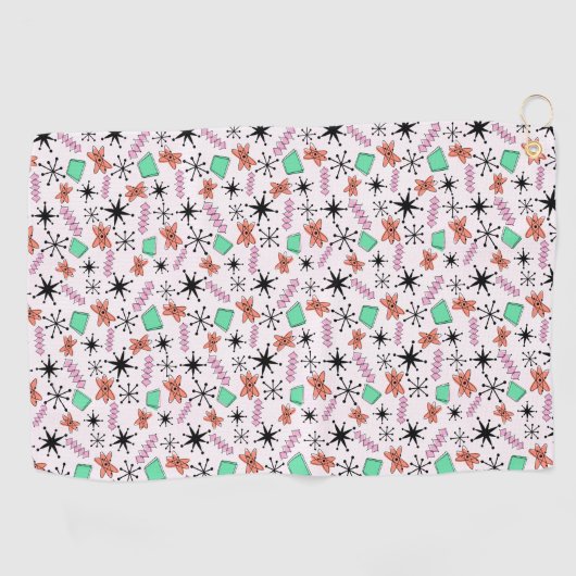 Retro Atomic Vormen Roze Sinaasappel & Groen Golfhanddoek (Horizontaal)