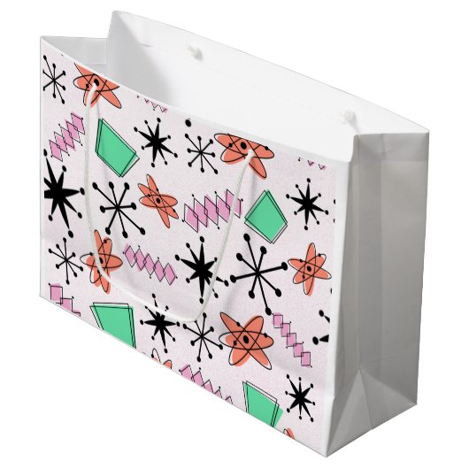 Retro Atomic Vormen Roze Sinaasappel & Groen Groot Cadeauzakje (Voorkant Gekanteld)