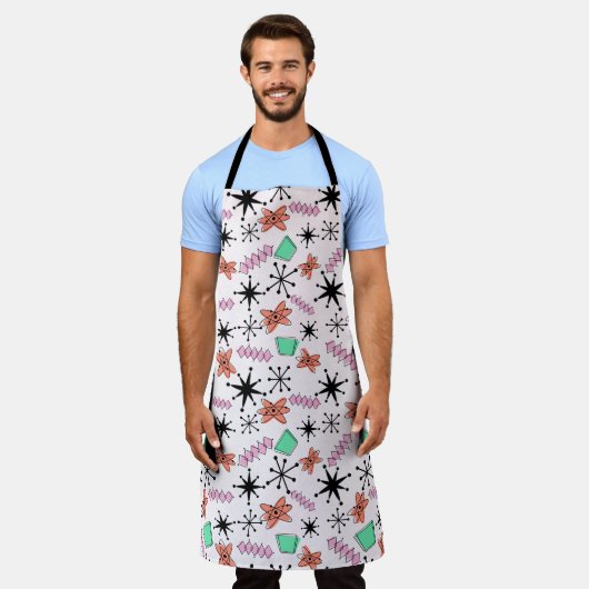 Retro Atomic Vormen Roze Sinaasappel & Groen Schort (Gedragen)