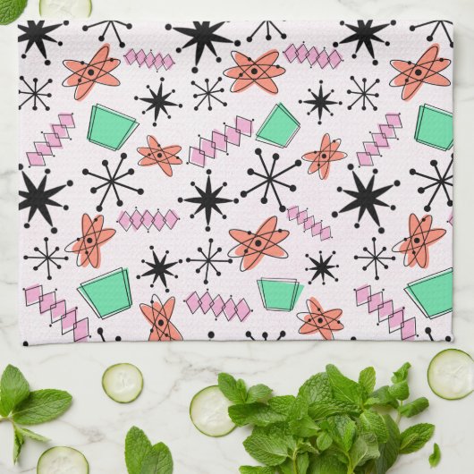 Retro Atomic Vormen Roze Sinaasappel & Groen Theedoek (Gevouwen)